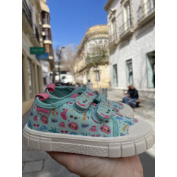 Lona estampada respetuosa Garvalin flores turquesa