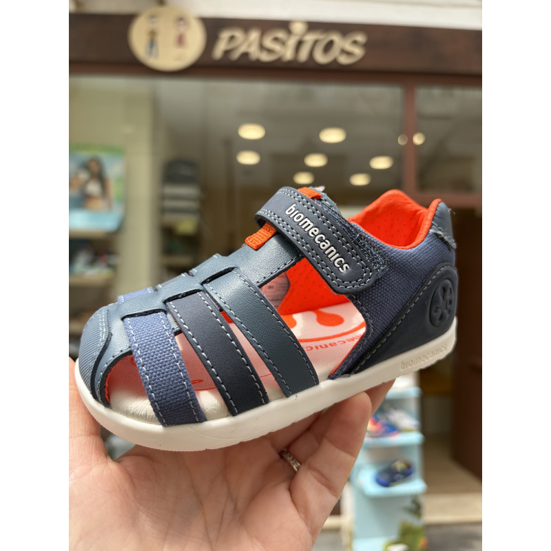 Sandalias bio respetuosa combi piel-lona azul