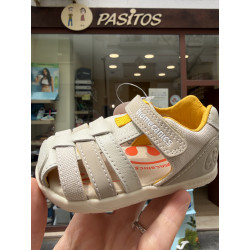Sandalias bio respetuosa combi piel-lona beige