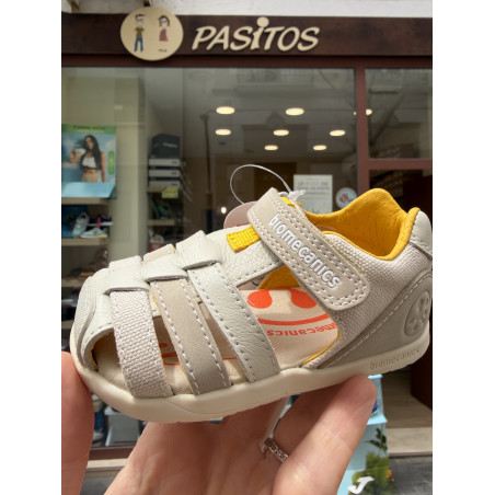 Sandalias bio respetuosa combi piel-lona beige