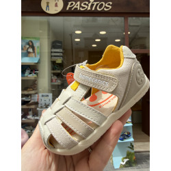 Sandalias bio respetuosa combi piel-lona beige